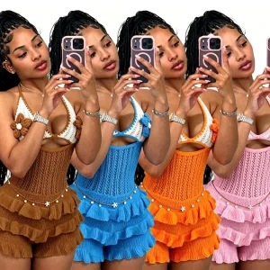 Summer Women Contrast Color Knit Rompers