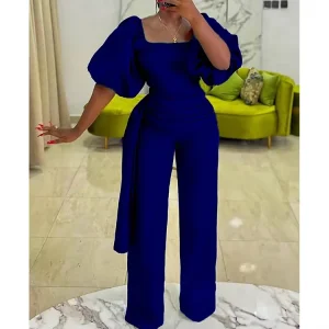 Summer Women Elegant Casual Wide Leg Solid Color One Pieces Jumpsuit with Square Collar