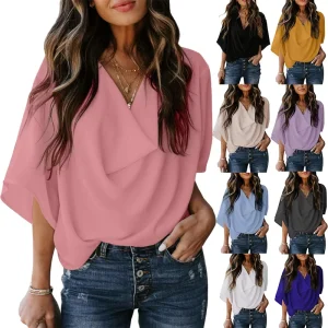 Summer Women V-neck Short Sleeve Chiffon Solid Casual Tops T-Shirt