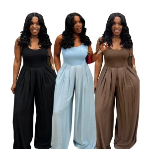 Summer Women Wide Leg Jumpsuits Rompers Casual High Waist Vest Solid Color Pockets Loose One Piece Jumpsuits