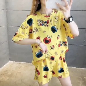 Summer Women’s Cartoon Print Pajamas Pijamas Ladies Night Wear Short Sleeve Shorts Sleepwear Girls Cute Printing Home Wear