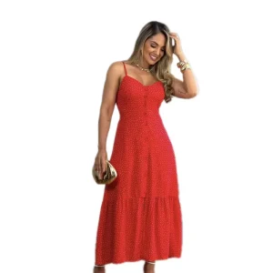 Summer Women’s Casual Dress Dot Sexy Suspender Button Red Long Dress