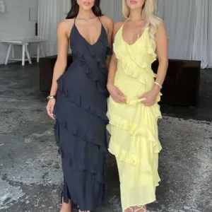 Summer Women’s Casual Dress Sexy Backless Lace Ruffle Layer Long Beachwear for Vacation Shoulder Empire Solid Breathable