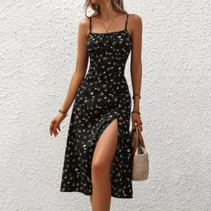 Summer Women’s Casual Elegant Spaghetti Strap Floral Dresses Custom Cut Out Cocktail Prom Puffed Sleeve Dresses