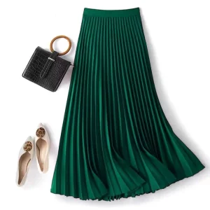 Summer Women’s Casual Pleated Skirt High Waist Solid Smooth Elegant Long Skirt