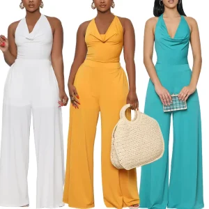 Summer Women’s Casual Solid Office V Neck High Waist Wide Leg Romper Jumpsuit