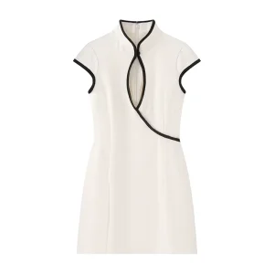 Summer Women’s Clothing Fashion Short-Sleeved Color-Blocked Trim Dress Retro Elegant Women’s Mini Dress