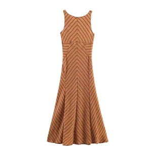 Summer Women’s Clothing New Fashion Backless Striped Dress Retro High-Quality Women’s Midi Dress