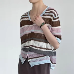 Summer Women’s Crocheted V Neck Short Sleeve Thin Soft Casual Striped Loose Cardigan