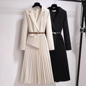 Summer Women’s Elegant Blazer Suit Dress Solid Color with Belt