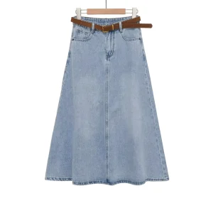 Summer Women’s Elegant Retro High Waisted Mid Length Denim Skirt with Belt Accessory 860191