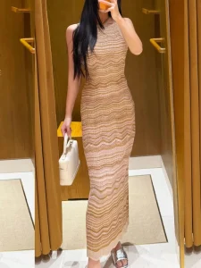 Summer Women’s Fashion Elegant Wind Wave Striped Round Neck Sleeveless Retro Knit Dress