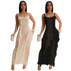 Summer Women’s Fashion Knitted Maxi Length Halter Long Dresses Bodycon Girl Summer Sexy Dresses Club Party Solid