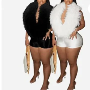 Summer Women’s Faux Fur Patchwork Halter Deep V Backless Skinny Playsuits Holiday Midnight Club Rompers
