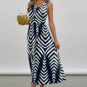 Summer Women’s Flowy Casual Midi Beach Vacation Dress with Pockets Sleeveless Polyester Spandex Rayon Washable Chevron Pattern