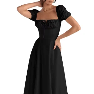 Summer Women’s French Style Elegant Vintage Floral Dress Backless Swing Split Bubble Sleeve Floral Prom Dress