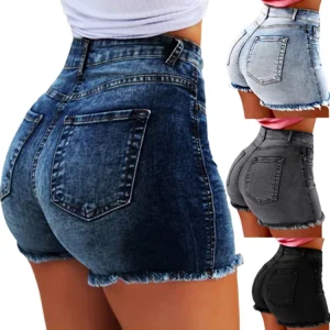 Summer Women’s High Waist Straight Casual Washed Denim Shorts Solid Color