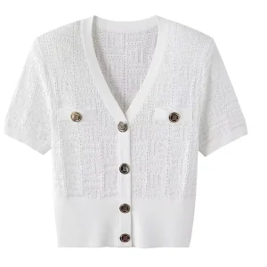 Summer Women’s Hollow Knit Cardigan V Neck Slimming Short Sleeve Button Waist Casual Outerwear
