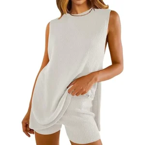 Summer Women’s Knitwear Loose Sleeveless Top Shorts Casual Sweater 2 piece Set Fashion