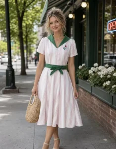 Summer Women’s Light Pink Striped Simple Fashionable Versatile Bow Tie Tied Short Sleeved Dress