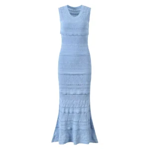 Summer Women’s Mermaid Long Dress Sleeveless Knitted Casual Wear Solid Color Hollow Knits Natural