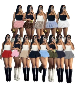 Summer Women’s Mini Skirt Solid Color Puffy Skirt Plus Size Fashion Pleated Skirts