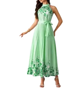 Summer Women’s Modest Style Empire Waist Floral Chiffon Sleeveless Halter Neck Long Robe Dress Pleated Slim Fit Casual