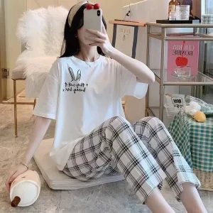Summer Women’s Pajamas Large Size Home Wear 2 Piece Milk Silk Casual Loose Sleepwear
