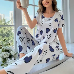 Summer Women’s Pajamas Short sleeved Heart Print Comfortable Love Printed Casual Home Suit Pants