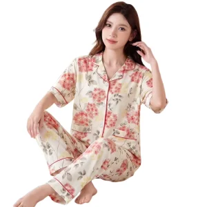 Summer Women’s Pajamas Stylish Short sleeve Top And Long Pants Loungewear Set