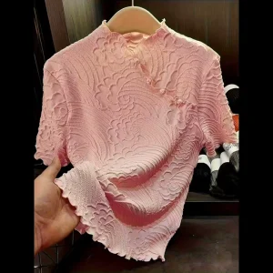 Summer Women’s Plated Short Sleeved T-shirt New Fashion Slim Fit Cheongsam Collar Versatile V-neck Auspicious Cloud Embossed Top