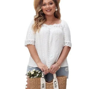 Summer Women’s Plus Size Crochet Lace Embroidered Blouses Elegant Short Sleeve Dressy Tops Shirts Casual XL 5XL