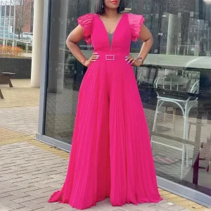 Summer Women’s Plus Size High Waist Jumpsuit Elegant Pleated V neck Wide Leg Jumpsuit with Waist Belt