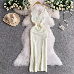 Summer Women’s Sexy Club Slim Bodycon Midi Dress Empire Hollow Backless Lace Front Logo Breathable Eco Friendly Plain Dyed