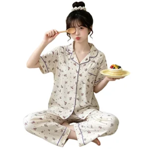 Summer Women’s Short sleeve Comfortable Loungewear Layered style Collared Cardigan Nightgown