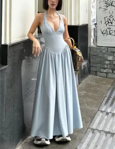 Summer Women’s Sleeveless Halter Neck Knot Design A Line Pleated Dress
