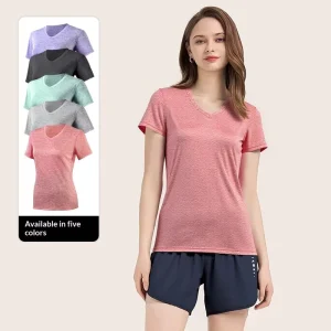 Summer Women’s Slim Fit Sweet V-neck Short-sleeved Quick-drying Breathable Polyester Solid Color T-shirt