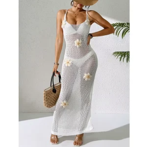 Summer Women’s Solid Camisole Backless Hollow Out Dress with Small Floral Ornament, Bodycon Side Slit