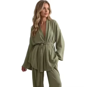 Summer Women’s Solid Color Loungewear Two Piece Set Women V neck Tie Waist Top Wide Leg Pants