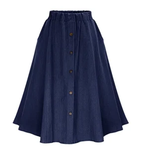 Summer Women’s Solid Knitted Denim Pleated Knee Length Casual Button Long Skirt Korean Style