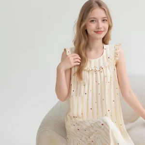 Summer Women’s Sweet Cotton Gauze Nightgown With Bra Pad Tank Top Flutter Sleeves Striped Mid Length Loungewear