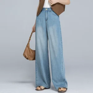 Summer Women’s Tel Pantalon Jean Mujer Soft Draped Slimming Floor Length Straight Wide Leg Pants