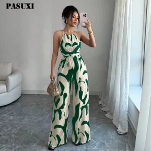 Summer Women’s Versatile Lace-up Waist Slimming Loose Printed Wide-leg Jumpsuit