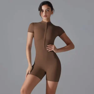 Summer Zipper Short Sleeved Shorts Yoga One Piece Clothes Sexy Casual Fitness Tight Sports Jumpsuits Women’s Fitness Bodysuits