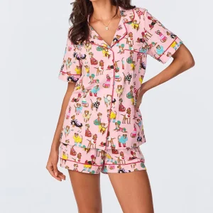 Summer and Autumn Women’s Short Printed and Embroidered Pajamas Loungewear Sleepwear Set