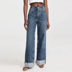 Super Long Breathable Casual Streetwear Summer Baggy Jeans 100% Cotton Women High Waist Wide Leg Button OEM