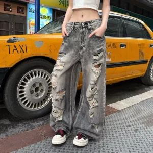 Supplier Bulk Distressed Denim Pants Retro Washed Wide Leg Jeans Heavyweight Frayed Baggy Jeans Streetwear Men Women