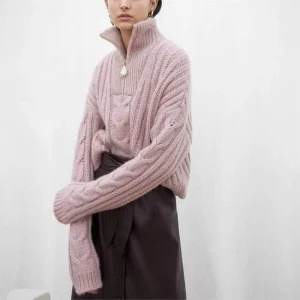 Supplier Custom Women’s Chunky Cable Knit 1/4 Zipper Knitwear Alpaca Wool Quarter Zip Cropped Sweater Women