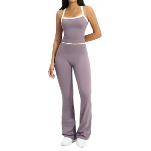 Sweat Wicking Yoga Set Color Blocking Pattern Spandex Nylon 2 Piece Women’s Running Sports Fitness Outfit