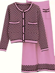 Sweater Manufacture Women’s Knitwear Set Slimming Crew Neck Cardigan & Wide Leg Pants Casual Plaid Pattern Suits